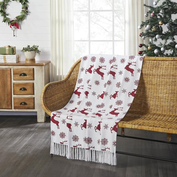 VHC BRANDS Scandia Red White Reindeer Snowflake Woven Throw Blanket