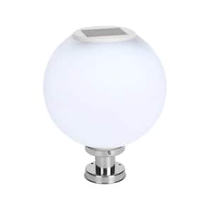1-White Metal Sphere Solar Outdoor Weather Resistant Post Light with Integrated LED Bulb and Wireless Remote