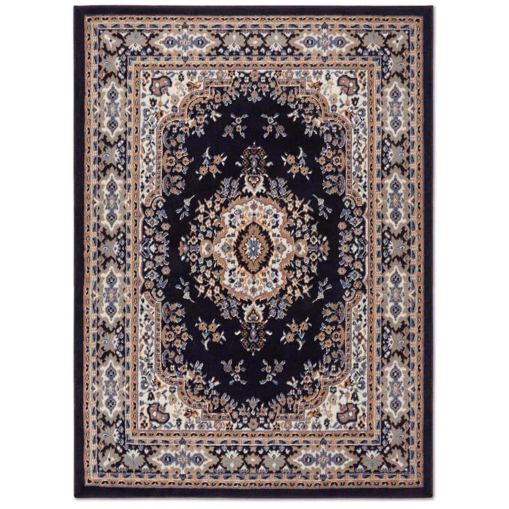 Navy Blue and Brown Synthetic Traditional Medallion Area Rug