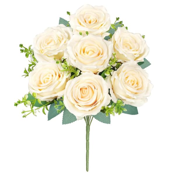 LIVING LUXURY 17 in. Ivory Artificial Elegant Rose Flower Stem Bush Bouquet (Set of 2)