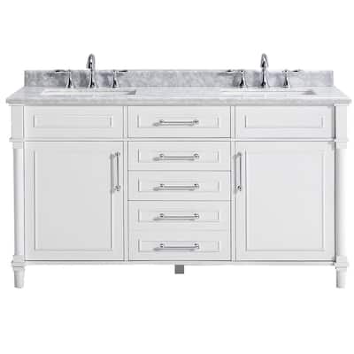 Aberdeen 60 in. W Double Vanity in White with Carrara Marble Top with White Sinks