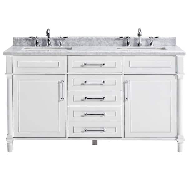 Aberdeen 60 in. Double Sink Freestanding White Bath Vanity with Carrara Marble Top (Assembled)