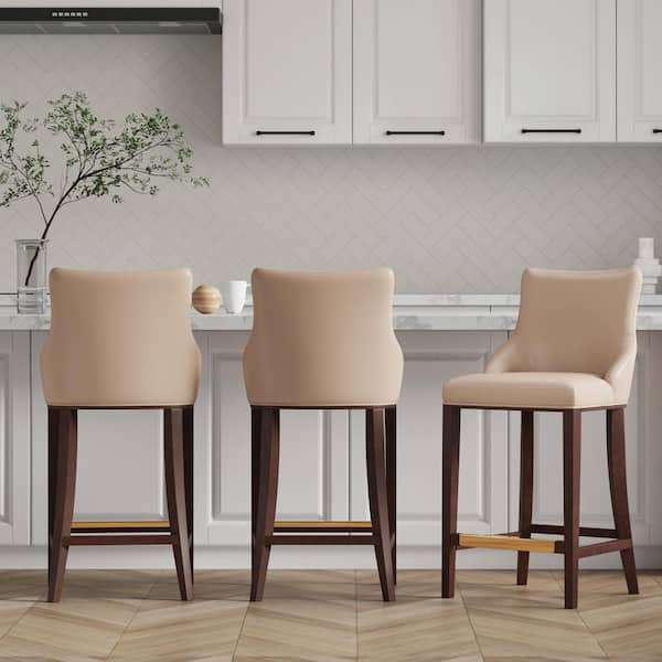 Manhattan Comfort Shubert 29.13 in. Tan Beech Wood Bar Stool with Faux Leather Upholstered Seat Set of 3 3 BS019 TN The Home Depot