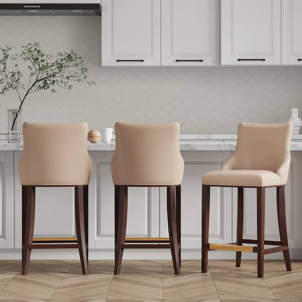 Manhattan Comfort Shubert 29.13 in. Tan Beech Wood Bar Stool with Leatherette Upholstered Seat (Set of 3)