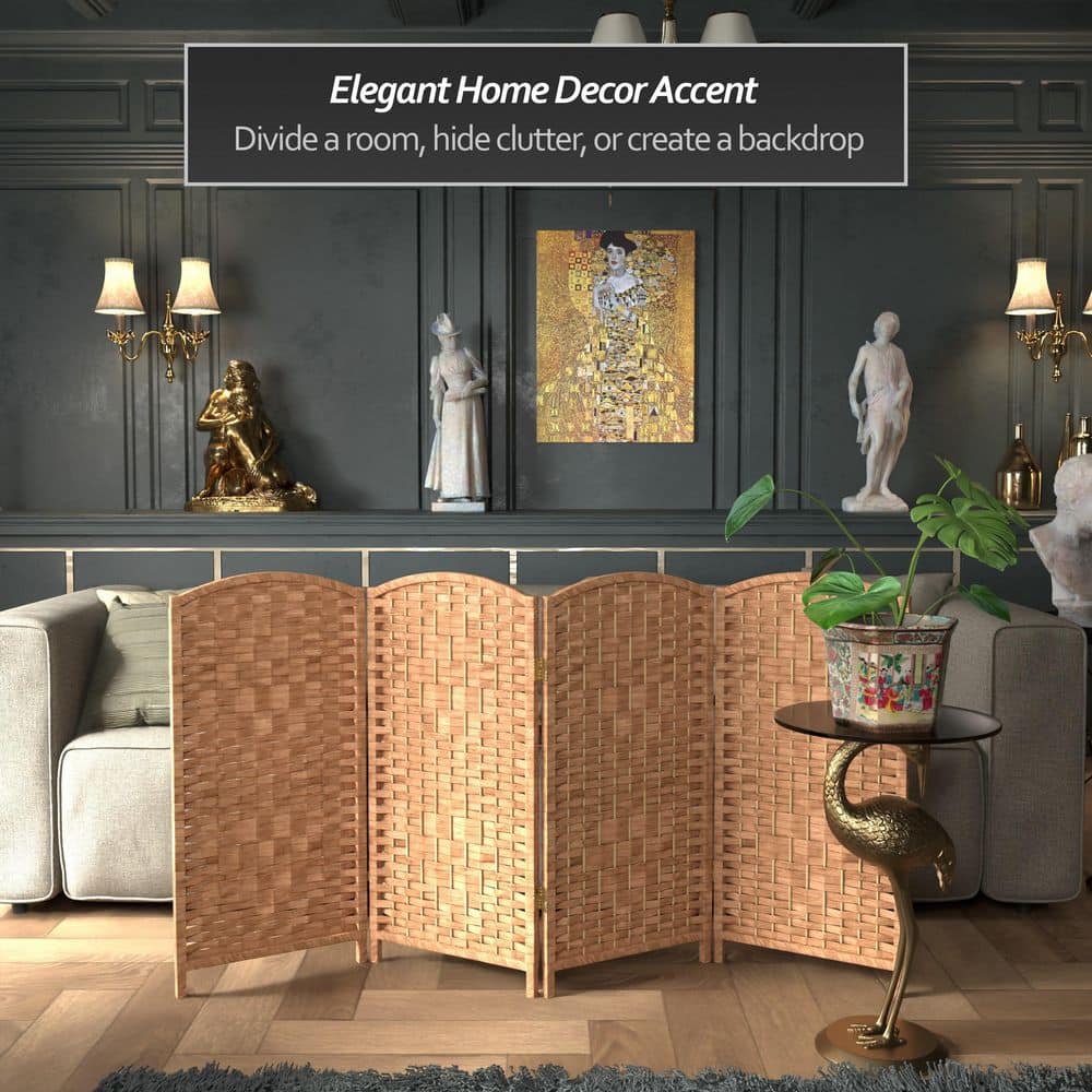 3 Ft Natural Woven Plant Fiber Folding Screen with 4 Panels