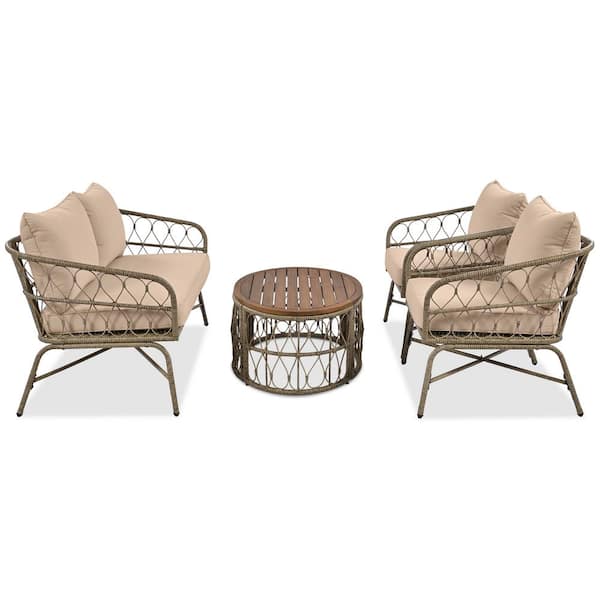 Unbranded 4-Person Wicker Outdoor Sectional Set with Removable Beige Cushions, Conversation Patio Set With Wood Tabletop