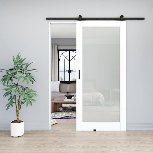 34 in. x 80 in. 1 Lite Frosted Glass White Primed MDF Top Mount Sliding Barn Door with Hardware Kit (T Shape Hanger)