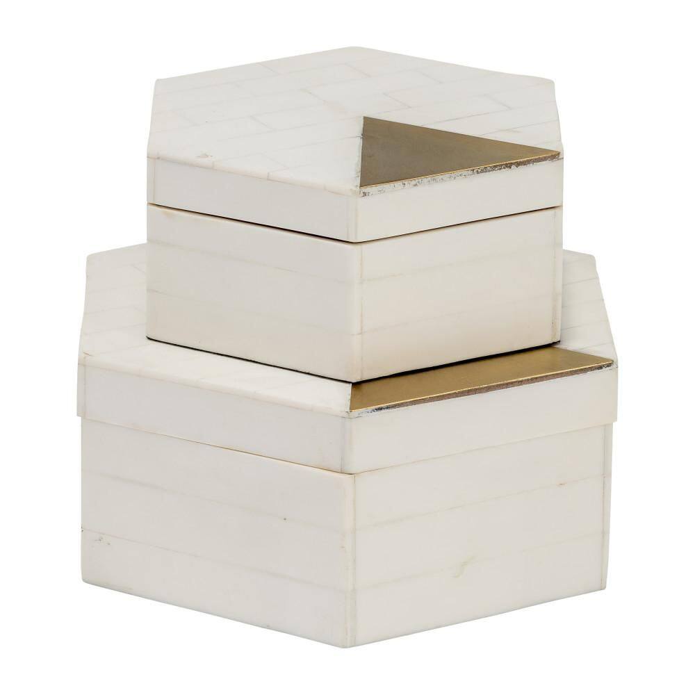 White and Gold Hexagon Resin Decorative Boxes with Brass Inlay, Set of 2