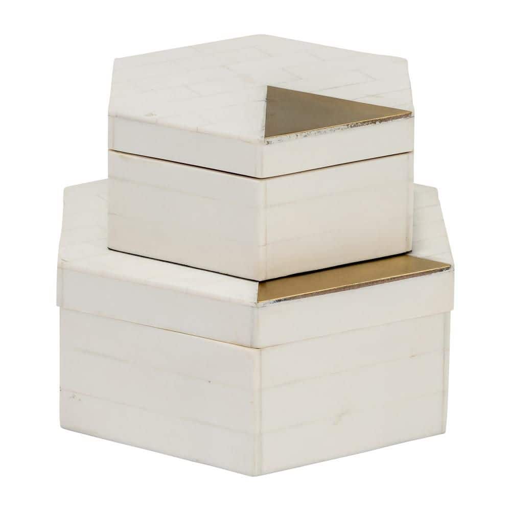 White and Gold Hexagon Resin Decorative Boxes with Brass Inlay, Set of 2