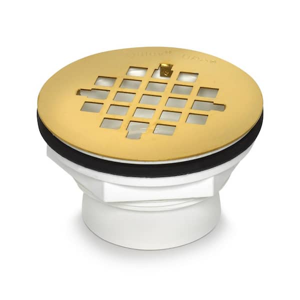 Oatey PVC Round White Shower Drain with 2 in. Round Polished Brass Drain Cover