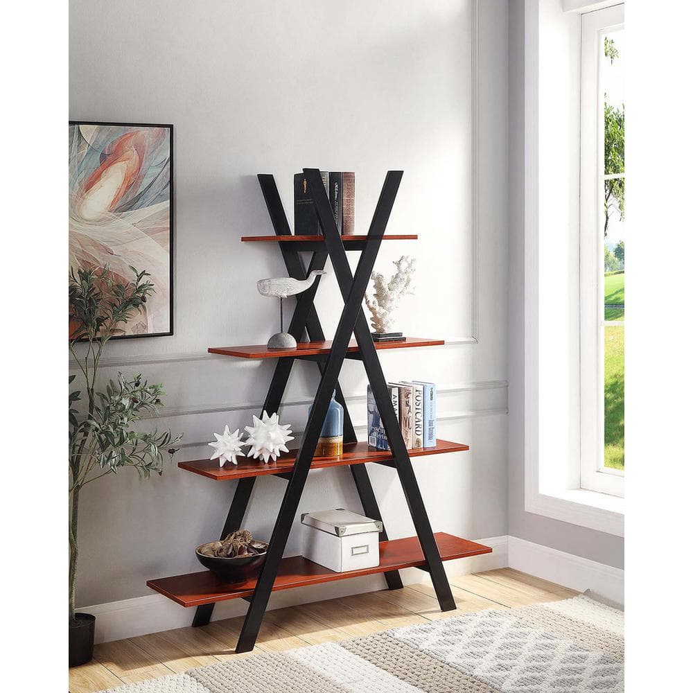 Cherry and Black Wood A-Frame Ladder Bookshelf