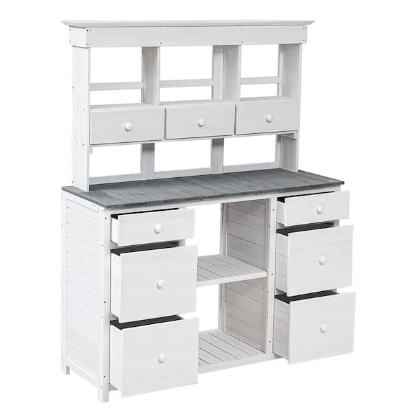 DIRECT WICKER 50.1 in. W x 65.7 in. H White Garden Potting Bench Table with Drawers and Shelves for Storage