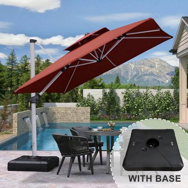 PURPLE LEAF 9 ft. Square High-Quality Aluminum Cantilever Polyester Outdoor Patio Umbrella with Stand, Brick Red