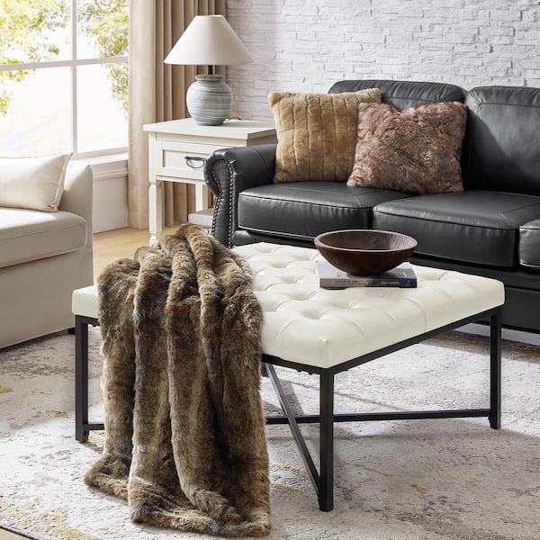 JAYDEN CREATION Fausto White 39 in. Modern Genuine Leather Square Coffee Table With Button-Tufted