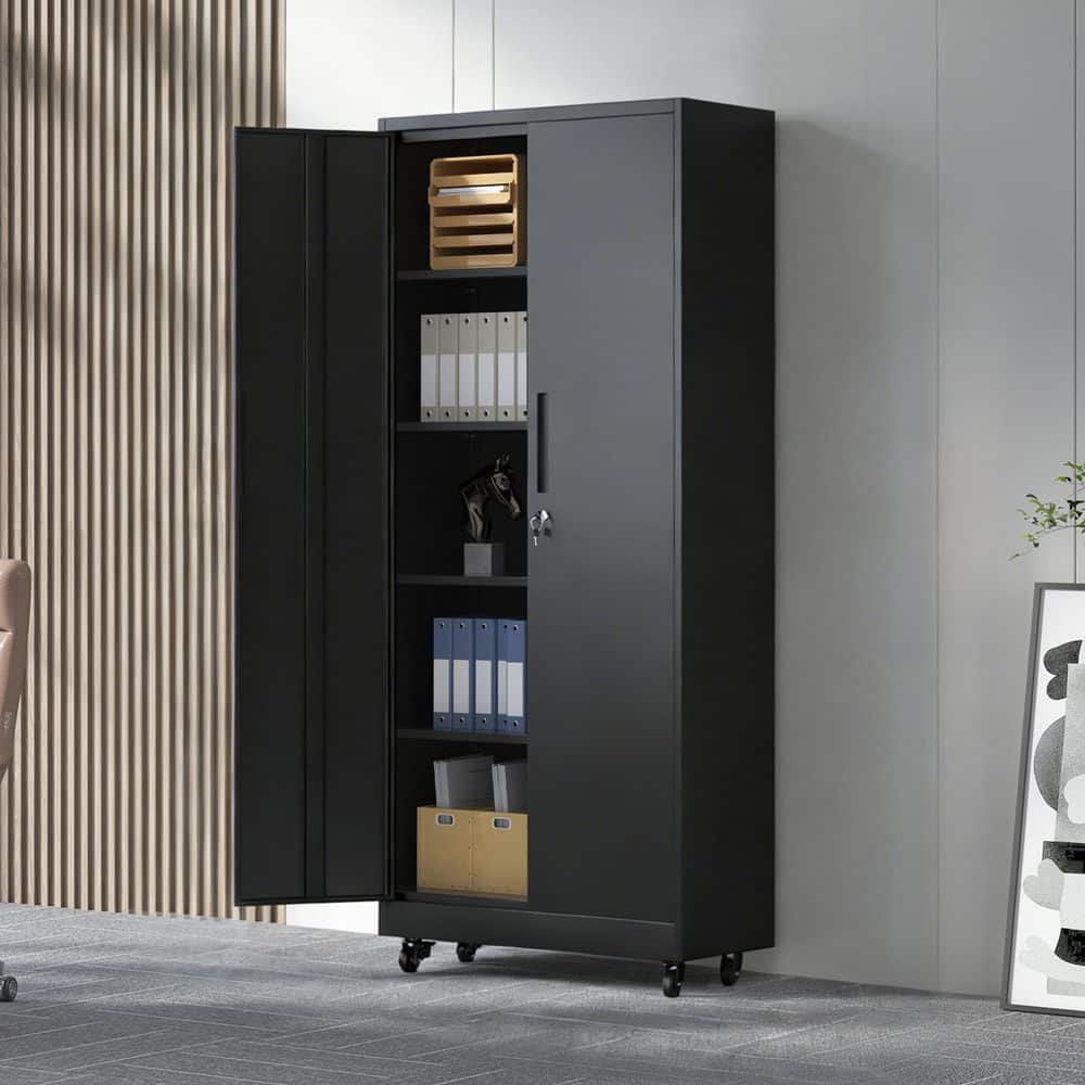 Black 70.87 in. Accent Cabinet Office Storage Cabinet with 4 Shelves and Heavy Duty Locking System with Wheels