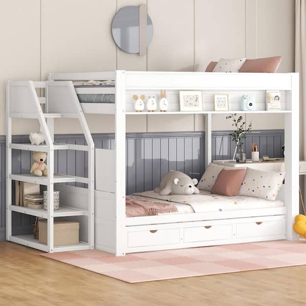 White Full Convertible Bunk Bed with Storage Staircase and 3 Drawers
