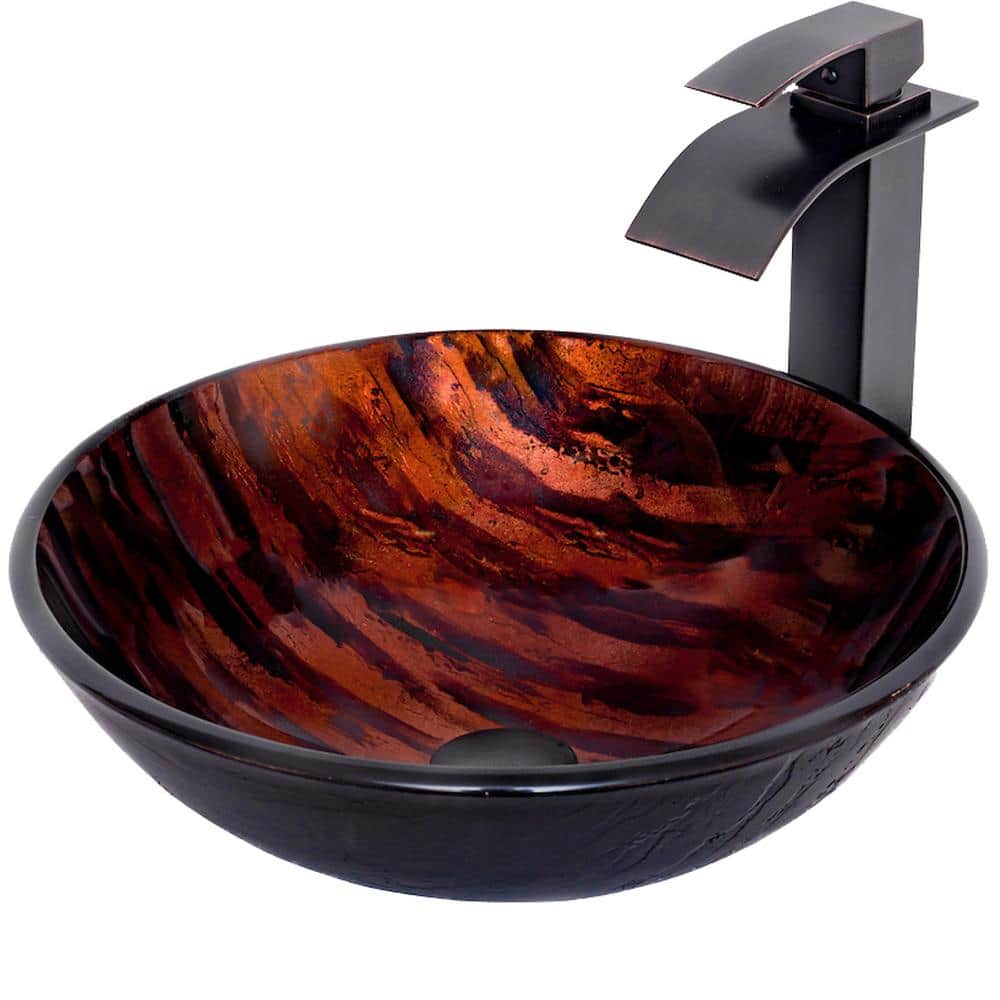 Novatto Mimetica Hand-Painted Brown Camouflage Glass Round Bath Vessel Sink with Waterfall Faucet and Drain in Oil Rubbed Bronze, Camouflage Brown -  NSFC-025136ORB