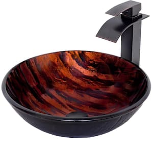 Mimetica Hand-Painted Brown Camouflage Glass Round Bath Vessel Sink with Waterfall Faucet and Drain in Oil Rubbed Bronze