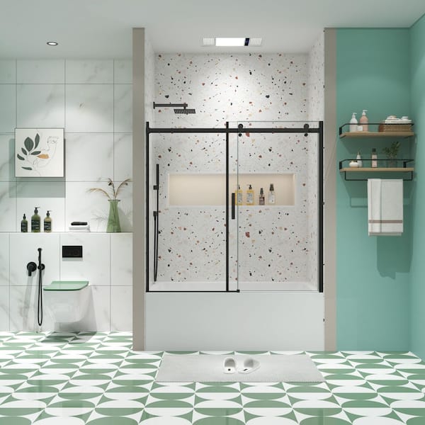 Pilas 60 in. W x 58 in. H Sliding Frameless Tub Door in Black with 5/16 in. (8 mm) Clear Glass