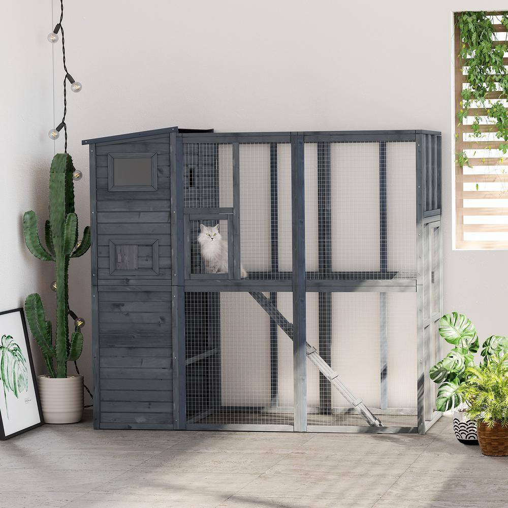 Gray Wooden Outdoor Cat House with Platforms and Ramps