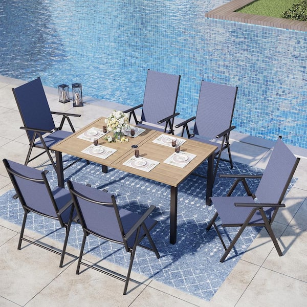 PHI VILLA 7-Piece Metal Outdoor Patio Dining Set with Brown Rectangular Slat Table-Top and Blue Folding Chairs