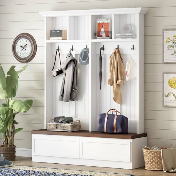 Reese Multi-Functional 4 in 1 White+Walnut Entryway Hall Tree with Curved Top, Drawers, Hooks, and Bench