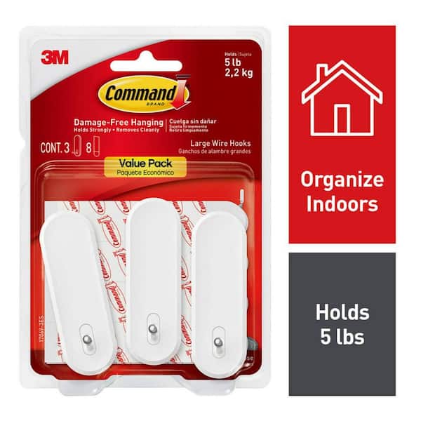 Command 5 lb. Large White Wire Hook Value Pack (3 Hooks, 8 Strips)