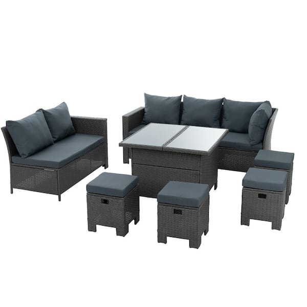 Siavonce 8-Piece Seasonal PE Wicker Outdoor Sectional Set Furniture with Dark Gray Cushions and Tempered Glass Coffee Table