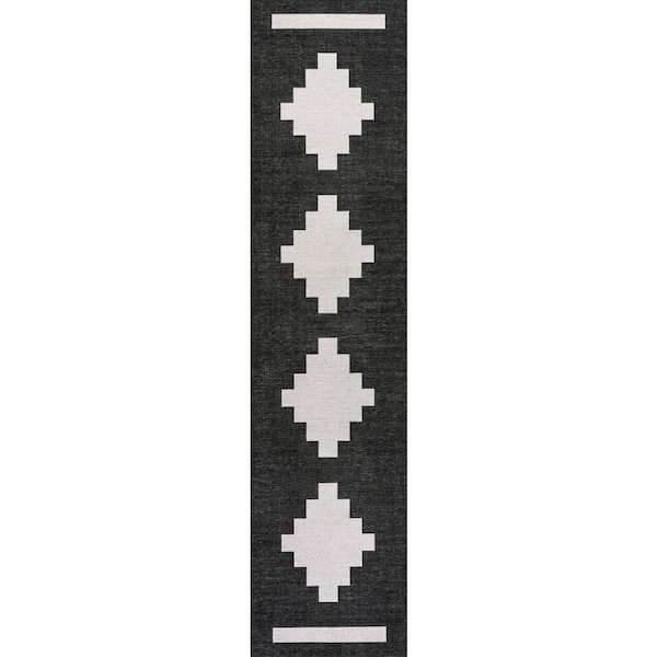 Adriel Geometric Tribal Medallion Machine-Washable Black/Ivory 2 ft. x 8 ft. Area Rug