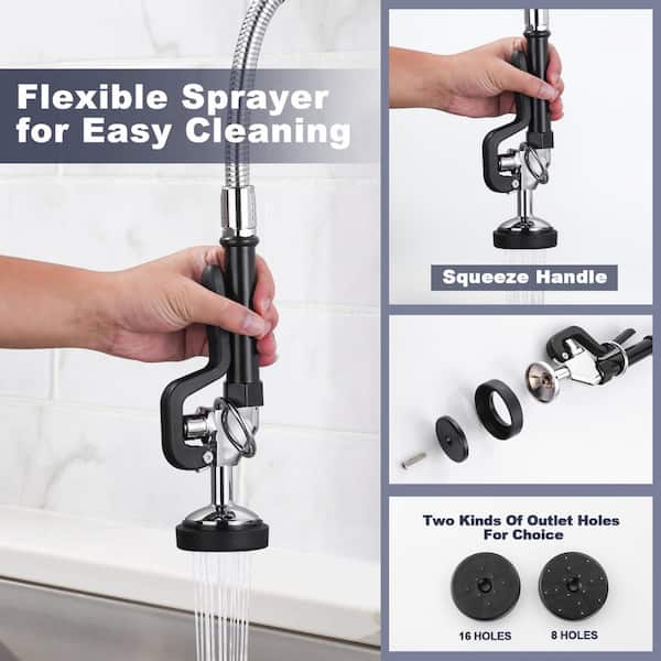 Brass Deck Mount Commercial Triple Handle Pull Down Sprayer Kitchen Faucet with Pre-Rinse Sprayer in Polished Chrome