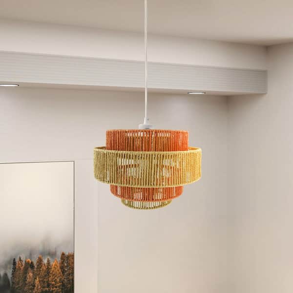 Vintage 1-Light Orange Pendant Chandelier with Paper String Weave Design Round Chandelier for Living Room(No Bulbs)