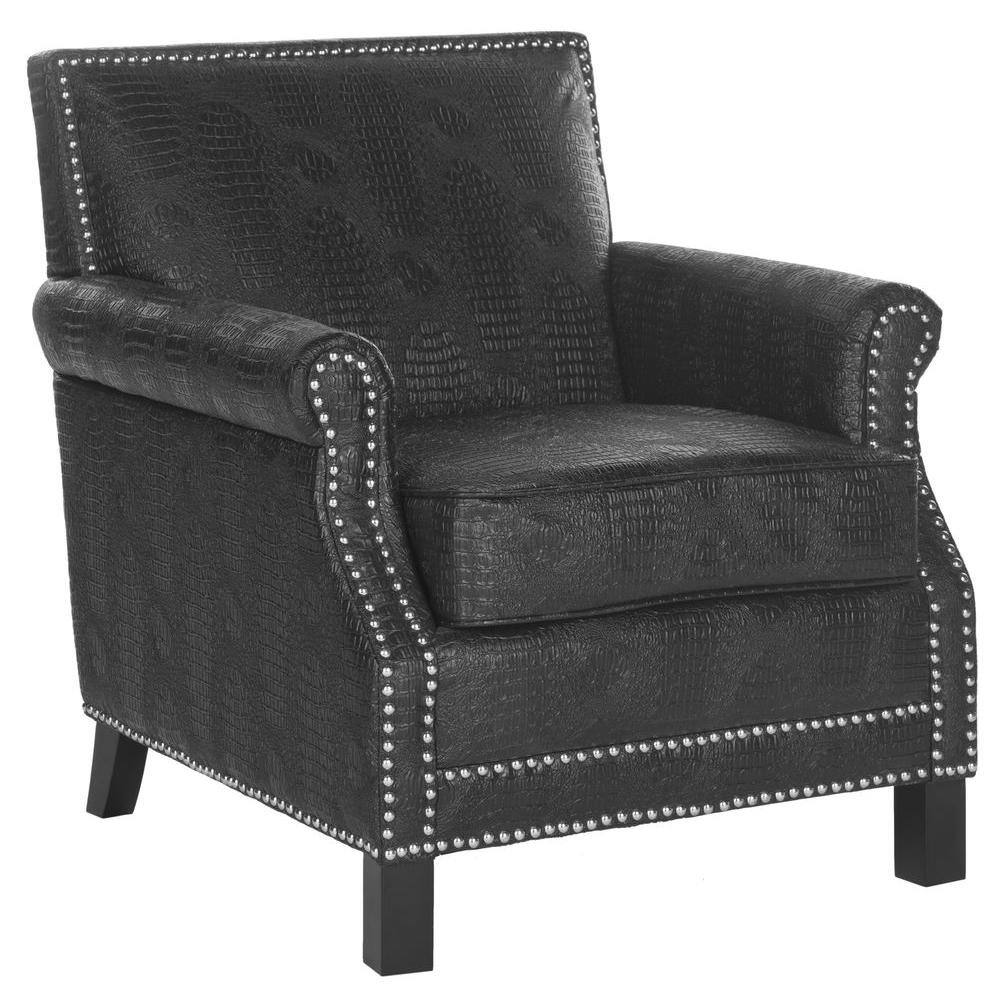 Black Crocodile Leather and Wood Accent Chair