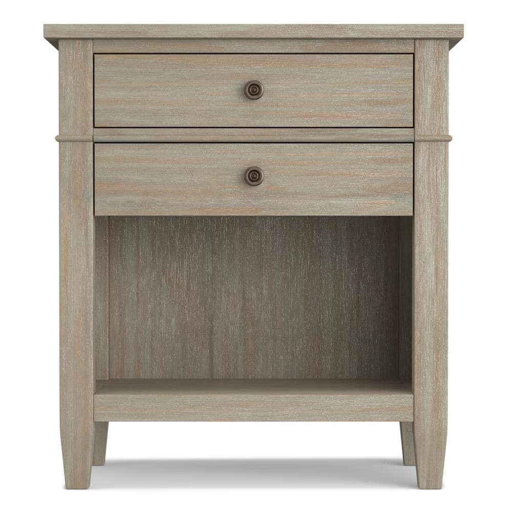 Distressed Gray Solid Wood 2-Drawer Nightstand with Open Shelf