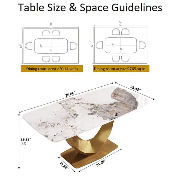 70.8 in. Pandora Rectangle Round Edge Sintered Stone Top Pedestal Pandora Gold Metal Base Dining Table (Seats-8)