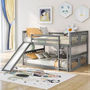 Gray Full Kids Bunk Bed with Slide and Ladder, Solid Wood Floor Bunk Bed Frame with Headboard and Footbaord
