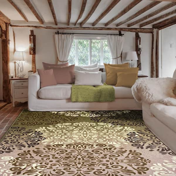 Hedena Brown 8 ft. x 10 ft. Traditional Non-Slip Geometric Floral Nylon Area Rug