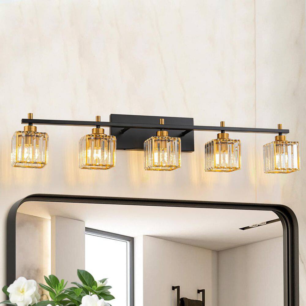 36.61 in. 5-Light Matte Black and Gold Linear Wall Vanity Light with Square