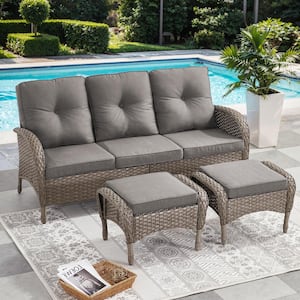 Carlos 3-Piece Gray Wicker Outdoor Sofa Patio Sectional Couch Set with Gray Cushions with Ottomans