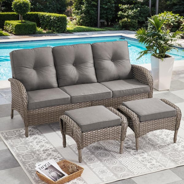 Gymojoy Carlos 3-Piece Gray Wicker Outdoor Sofa Patio Sectional Couch Set with Gray Cushions with Ottomans