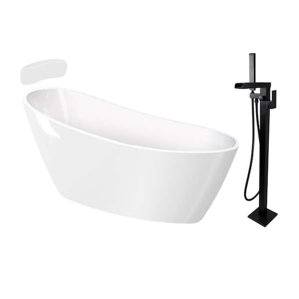 Transolid Aaliyah 59 in. x 30.75 in. Soaking Bathtub with Reversible Drain in Gloss White/Matte Black with Faucet and Pillow