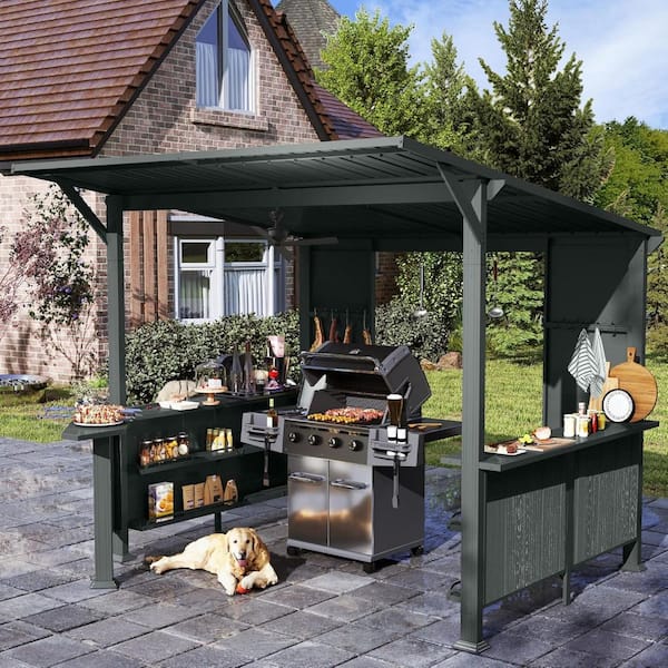 lb.kh Kadehome 9 ft. x 10 ft. Hardtop Grill Gazebo with Storage Shelves