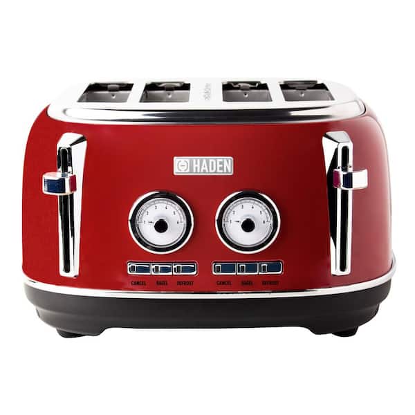 HADEN Dorset 1500-Watt 4-Slice Red Wide Slot Retro Toaster with Removable Crumb Tray and Browning Control
