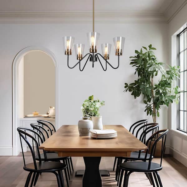 5-Light Black Island Chandelier Lighting, Seeded Glass Brass Gold Pendant Light, Modern Farmhouse Light Fixture
