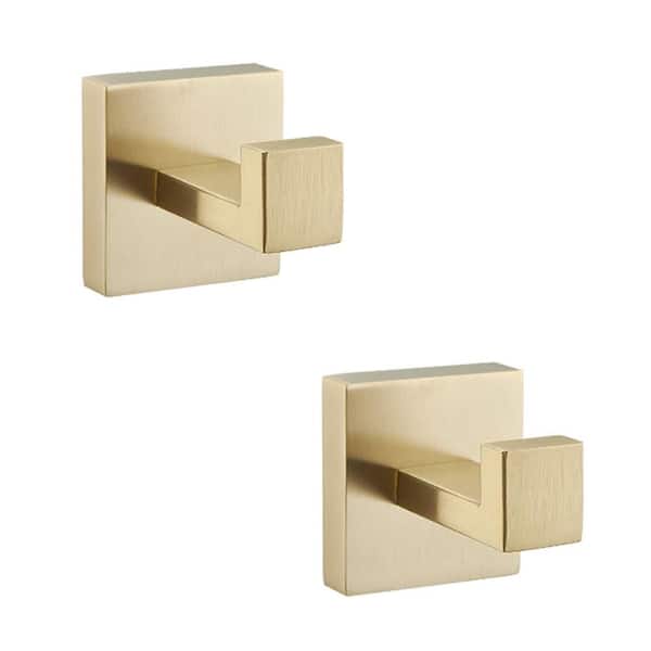 BWE Square J-Hook Bathroom Robe Hook and Towel Hook in Stainless Steel Brushed Gold (2-Pack)