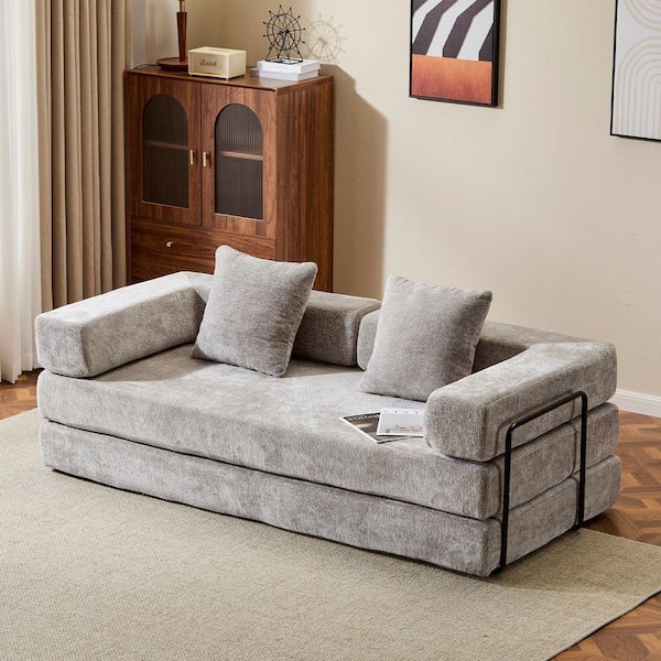 76.77 in. Light Grey Chenille Queen Size Convertible Sofa Bed with Pillow Back, Compressed and No Assembly Required