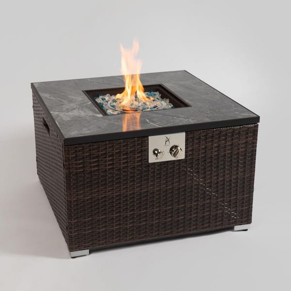 Tunearary 50000BTU Outdoor Rattan 32in Square Fire Pit Table, Ceramic Tile Tabletop