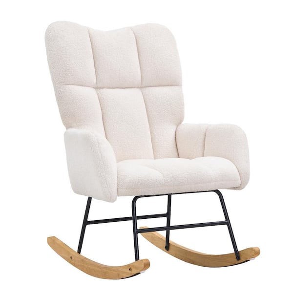 SKYSHALO Rocking Chair Ivory White Plastic Outdoor Rocking Chair with White CushionGuard White Cushion Nursery