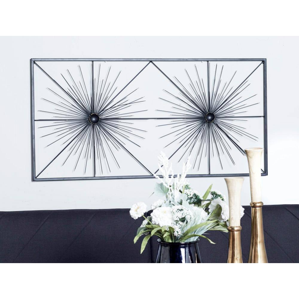 Black Iron Starburst Wall Sculpture with Frame, 24" x 48"