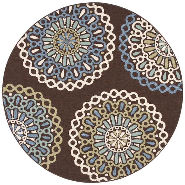 Veranda Chocolate/Blue 5 ft. x 5 ft. Geometric Floral Indoor/Outdoor Patio  Round Area Rug