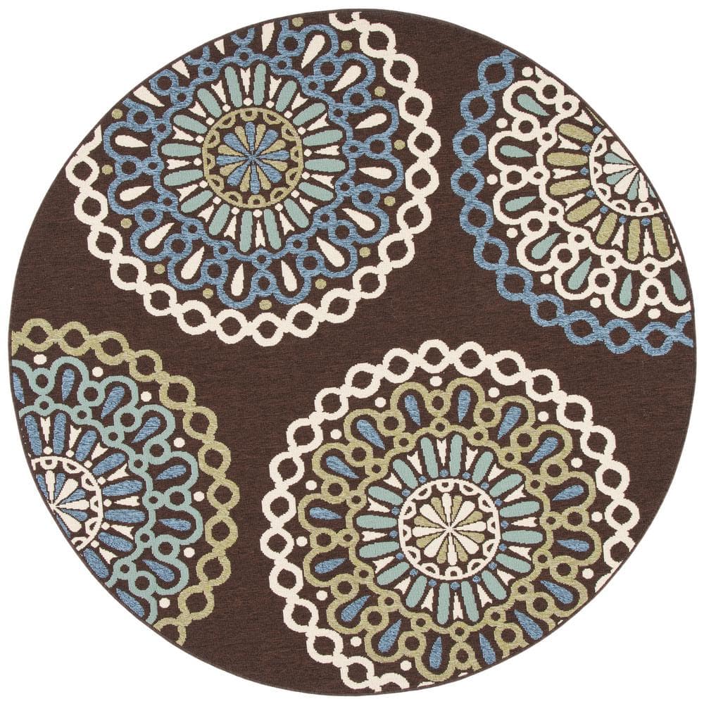 Veranda Chocolate/Blue 7 ft. x 7 ft. Geometric Floral Indoor/Outdoor Round Area Rug price history on PriceWatchPro